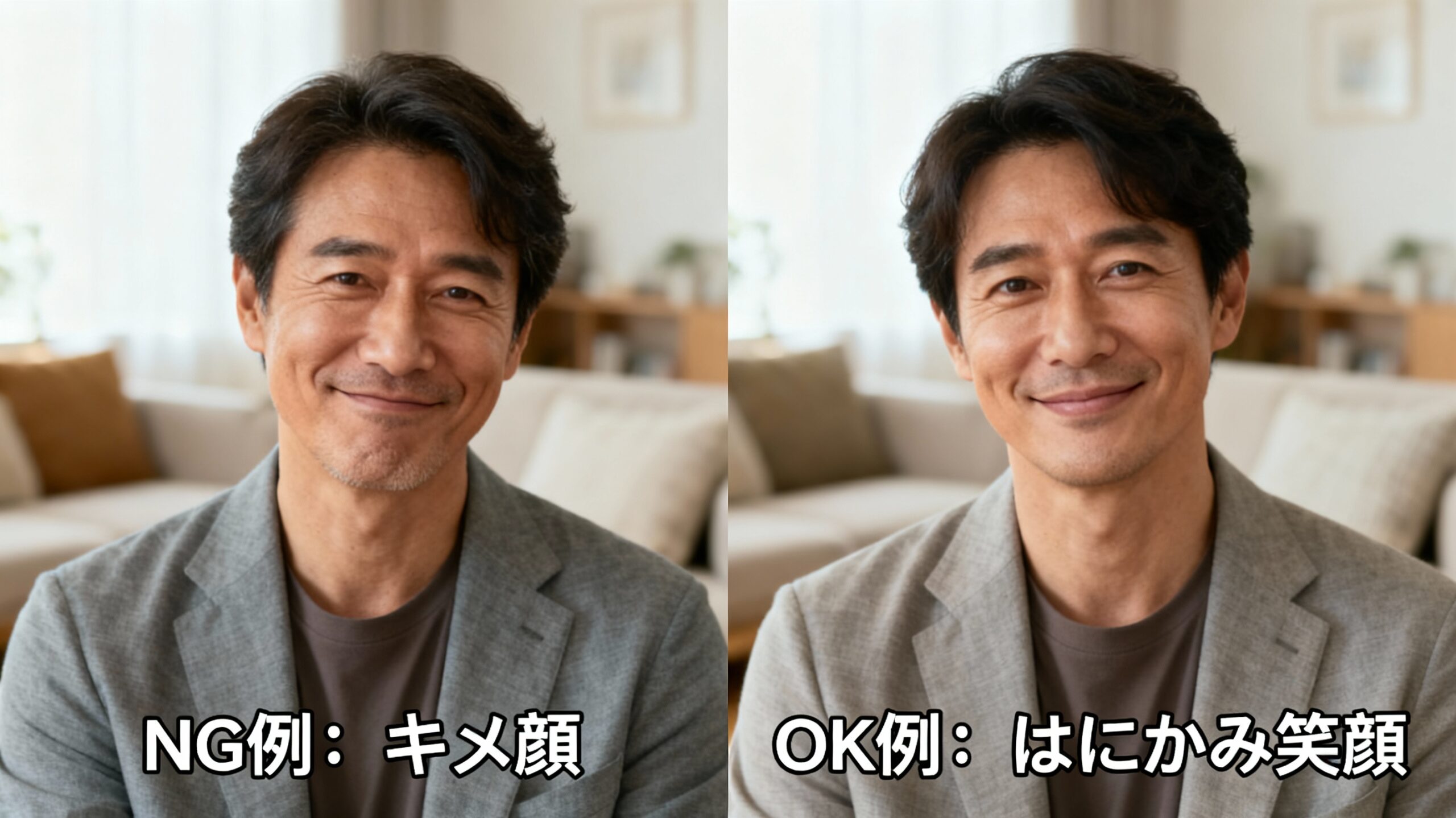 キメ顔とはにかみ笑顔の比較イメージ