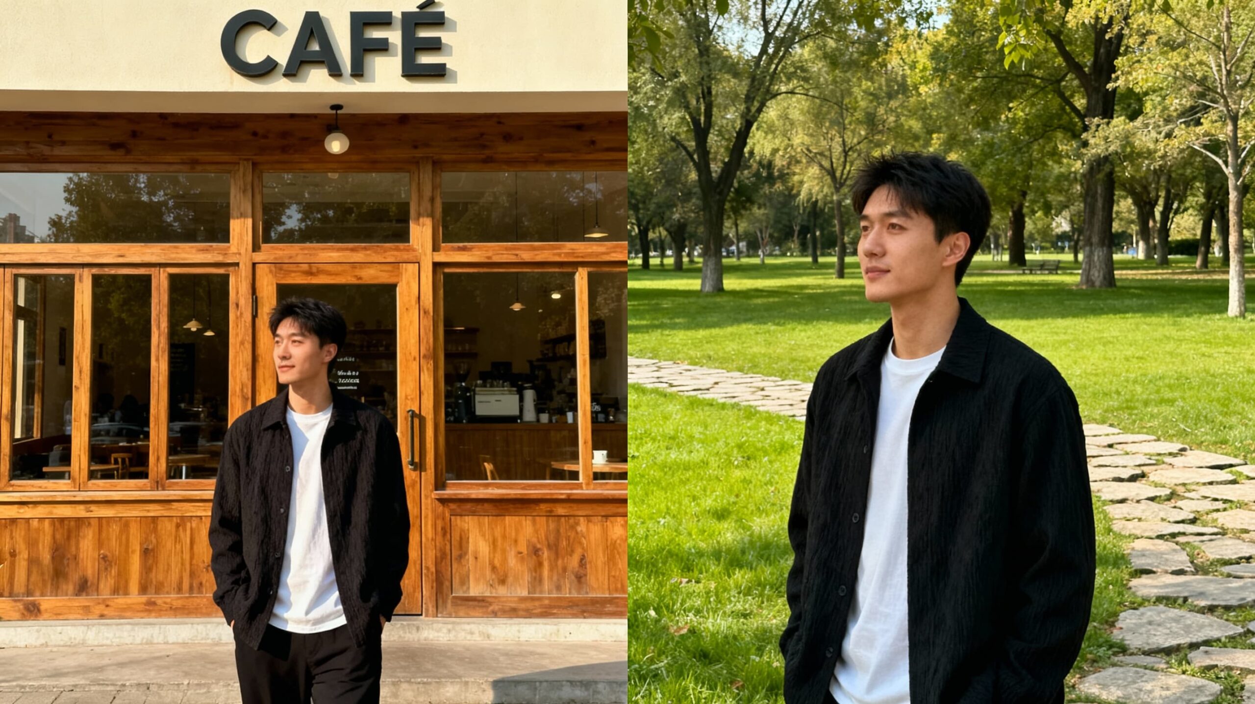 公園やカフェなど、自然な背景で撮影した全身写真のイメージ