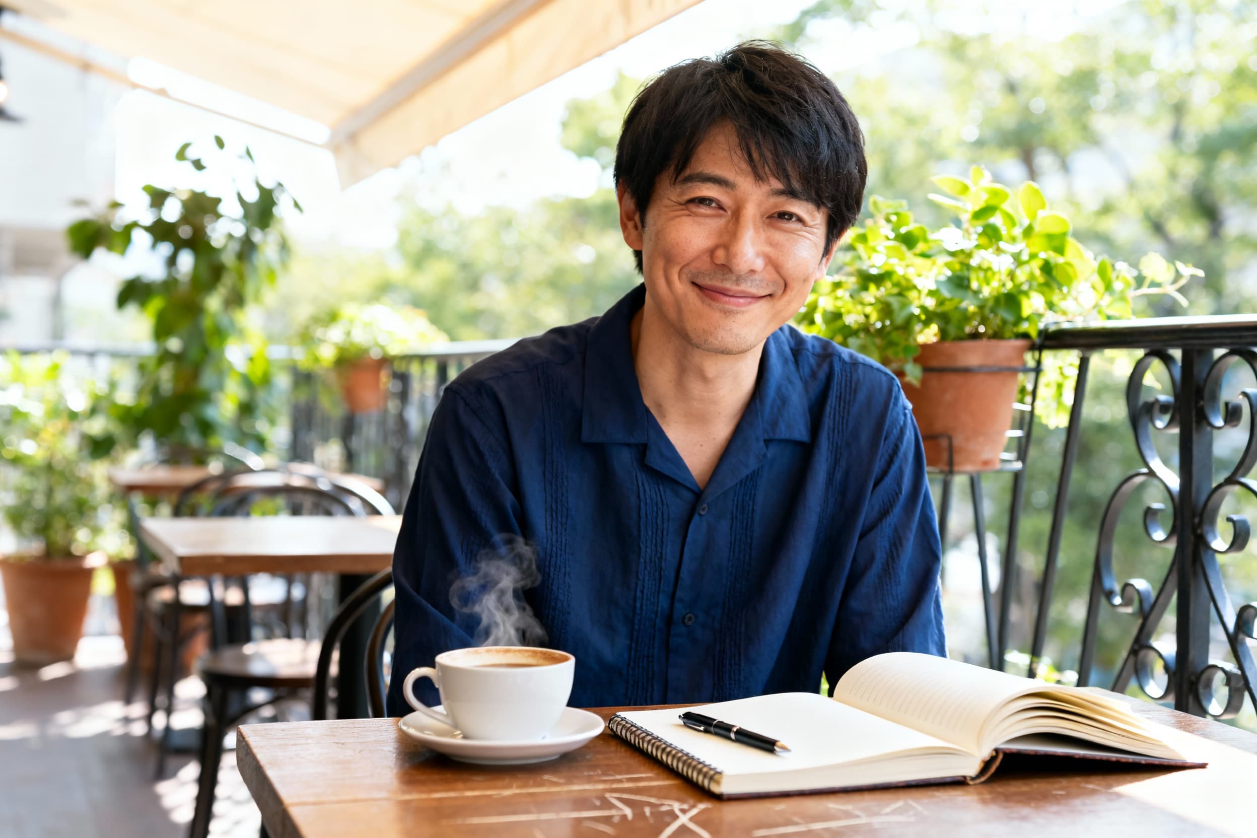 明るいカフェのテラス席で撮影するイメージ